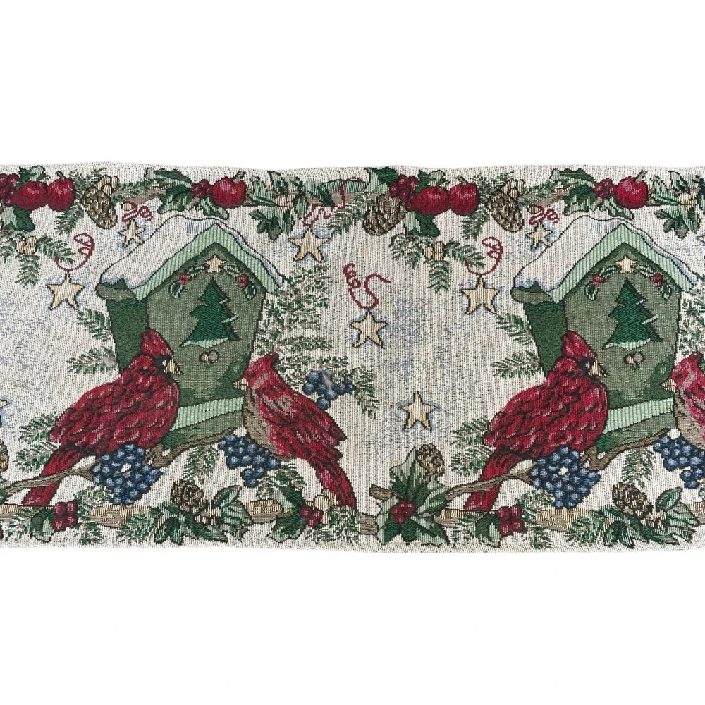 Christmas Cardinal Table‎ Runner Vintage Birdhouse Holly Red Birds Festive Decor
